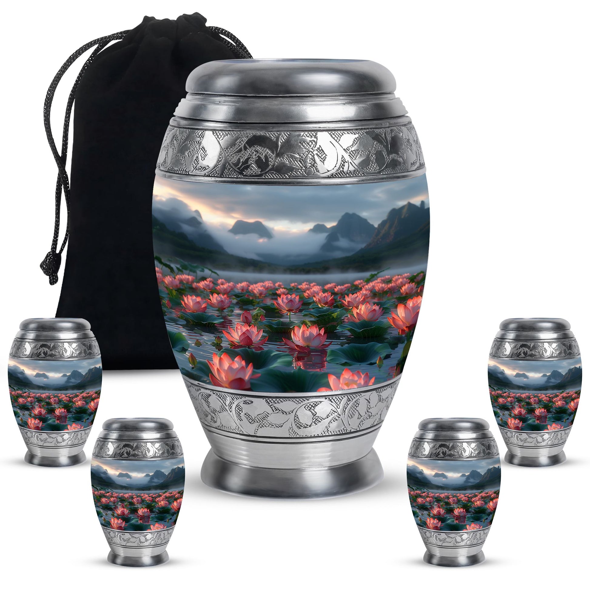 Lotus Theme Large Urn With 4 Keepsake Urn
