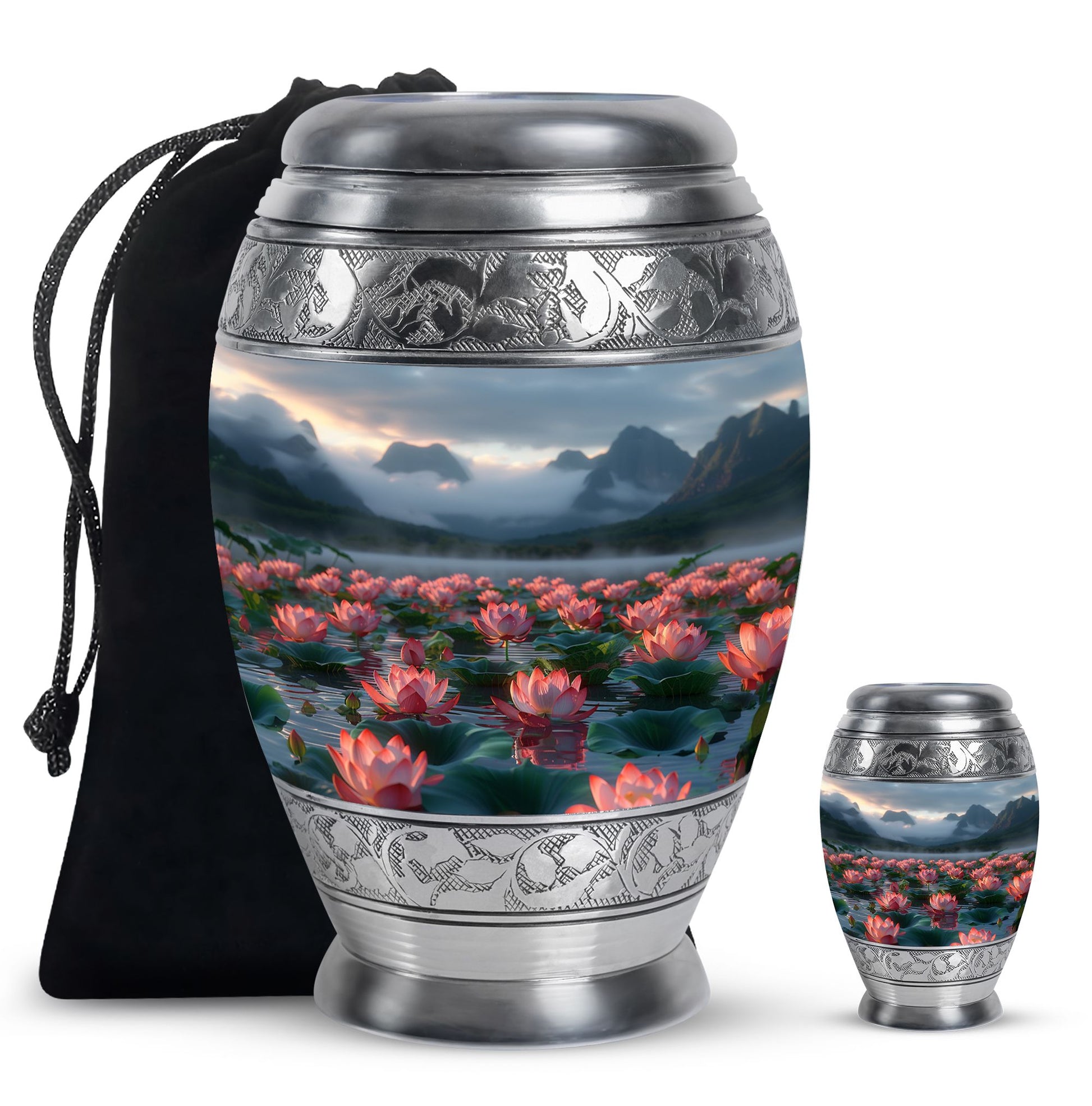 Lotus Theme Large Urn With 1 Keepsake Urn