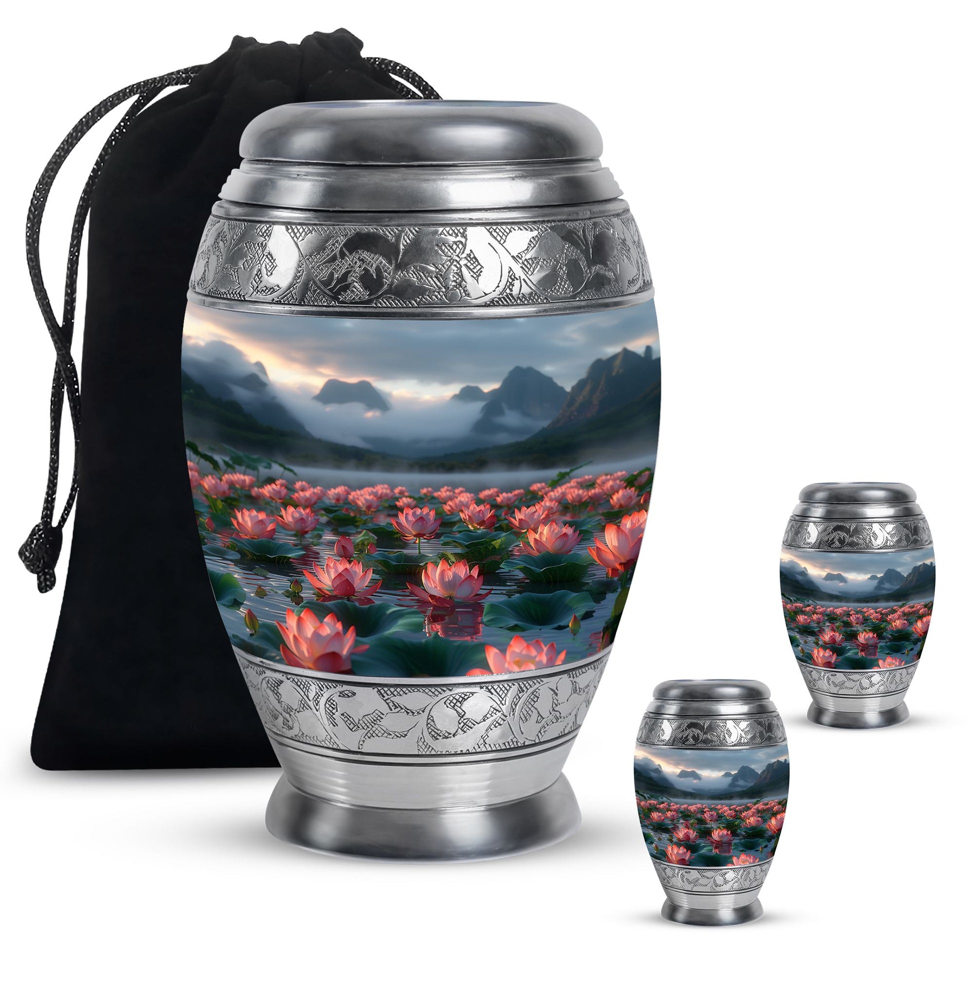 Lotus Theme Large Urn With 2 Keepsake Urn