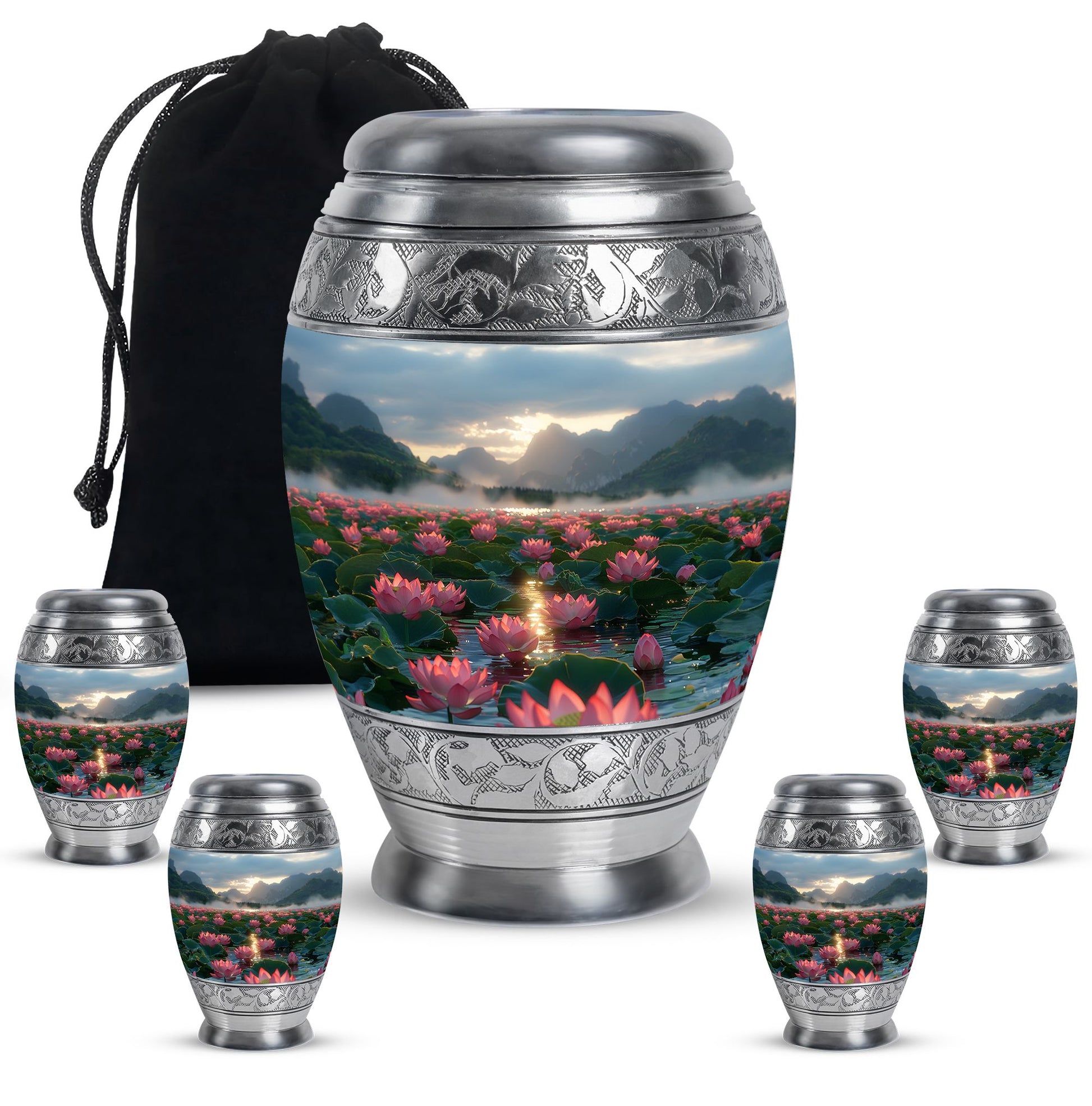 Lotus Theme Large Urn With 4 Keepsake Urn