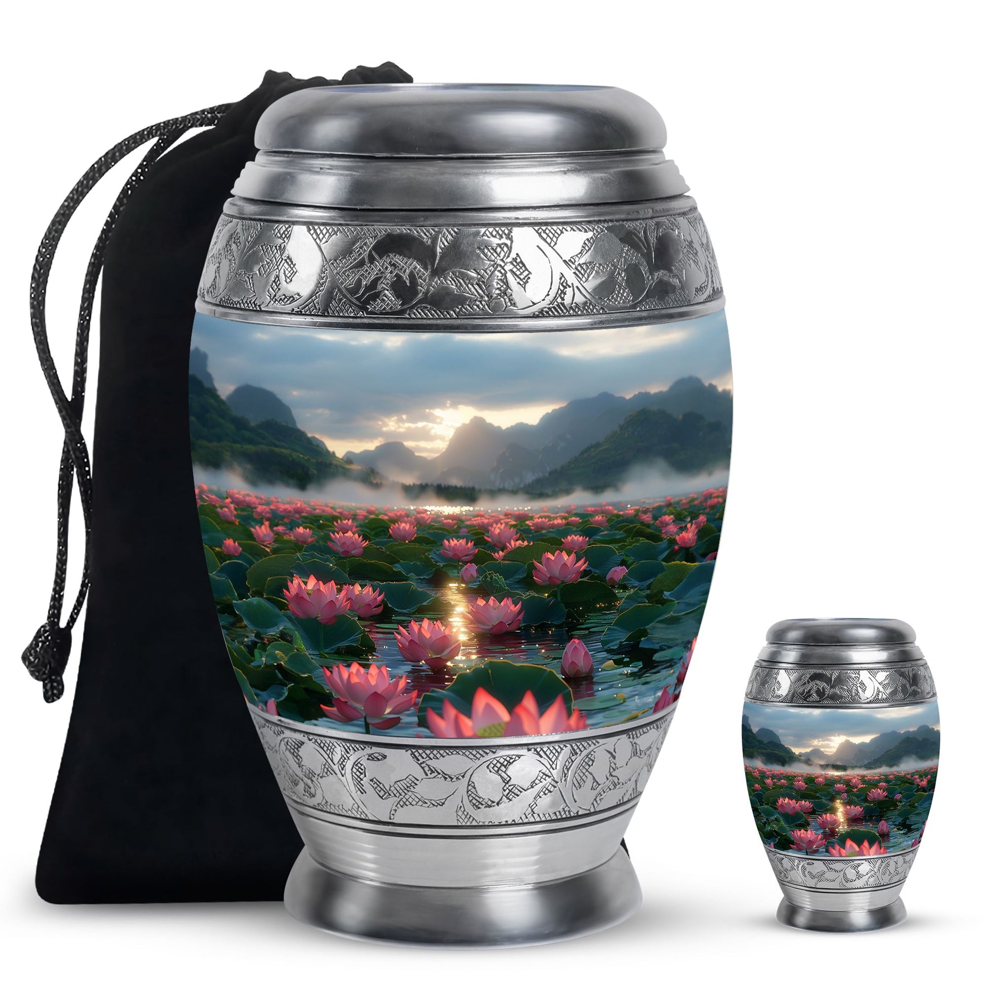 Lotus Theme Large Urn With 1 Keepsake Urn