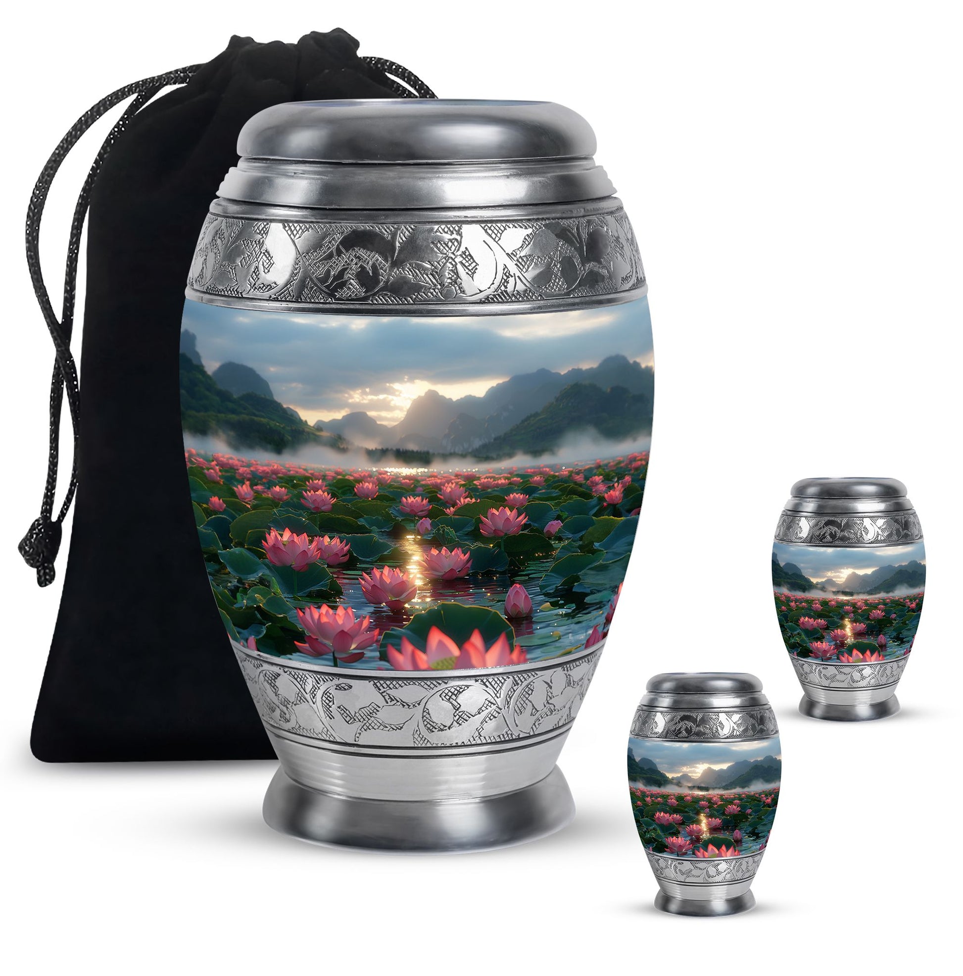 Lotus Theme Large Urn With 2 Keepsake Urn