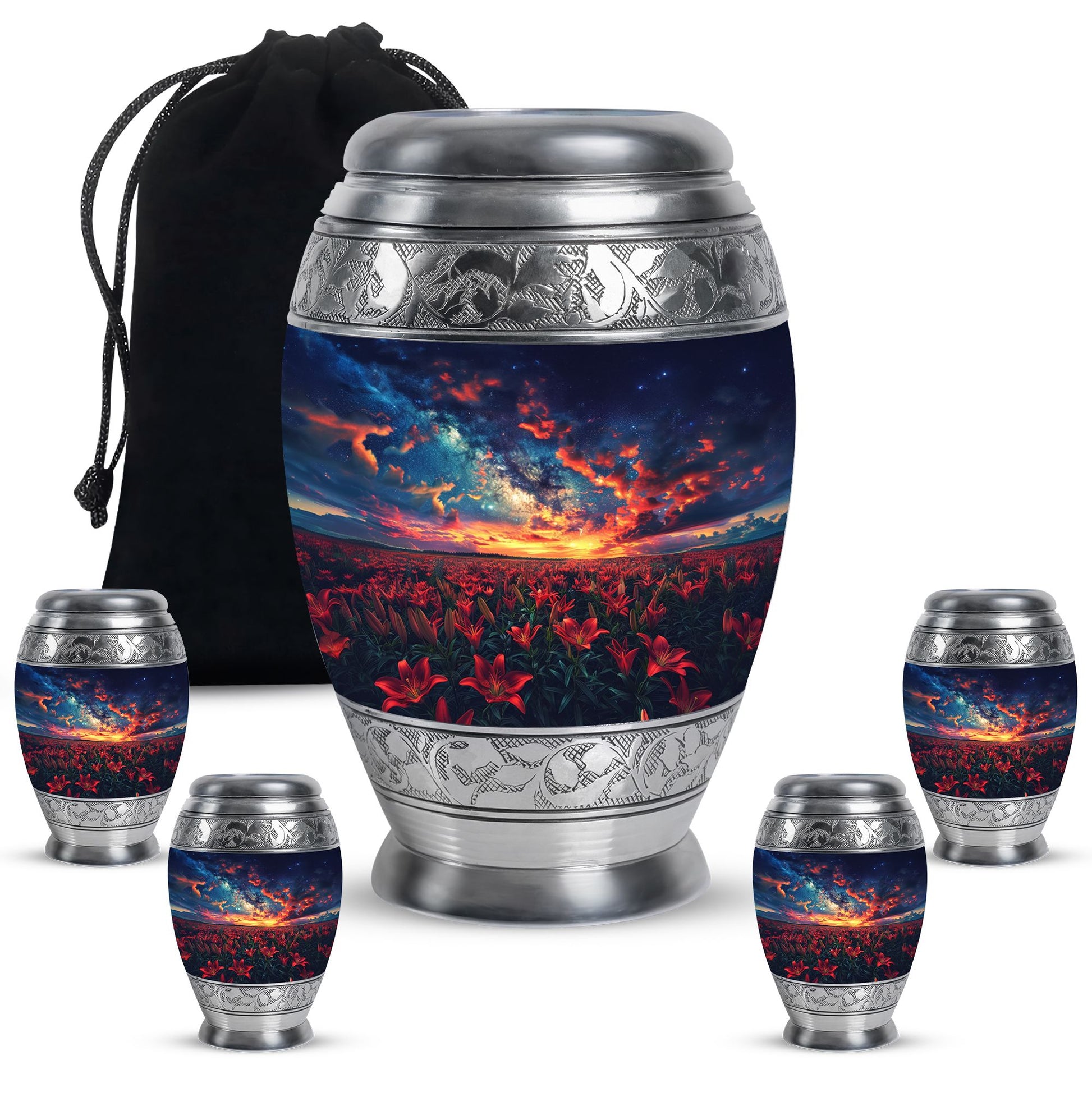 Lily Theme Large Urn With 4 Keepsake Urn
