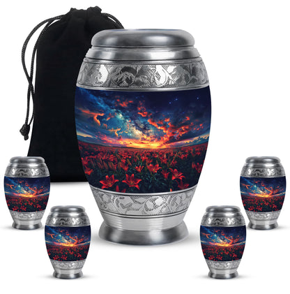 Lily Theme Large Urn With 4 Keepsake Urn