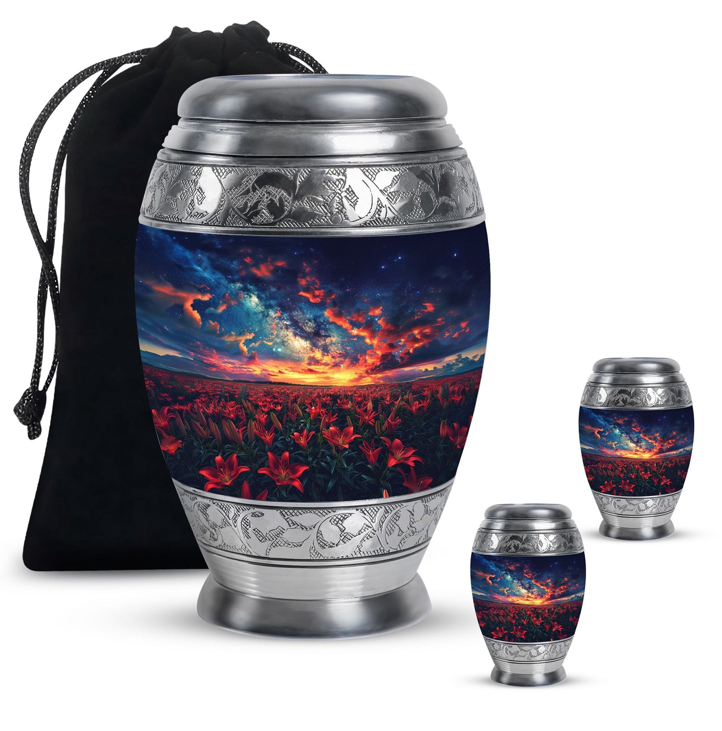 Lily Theme Large Urn With 2 Keepsake Urn