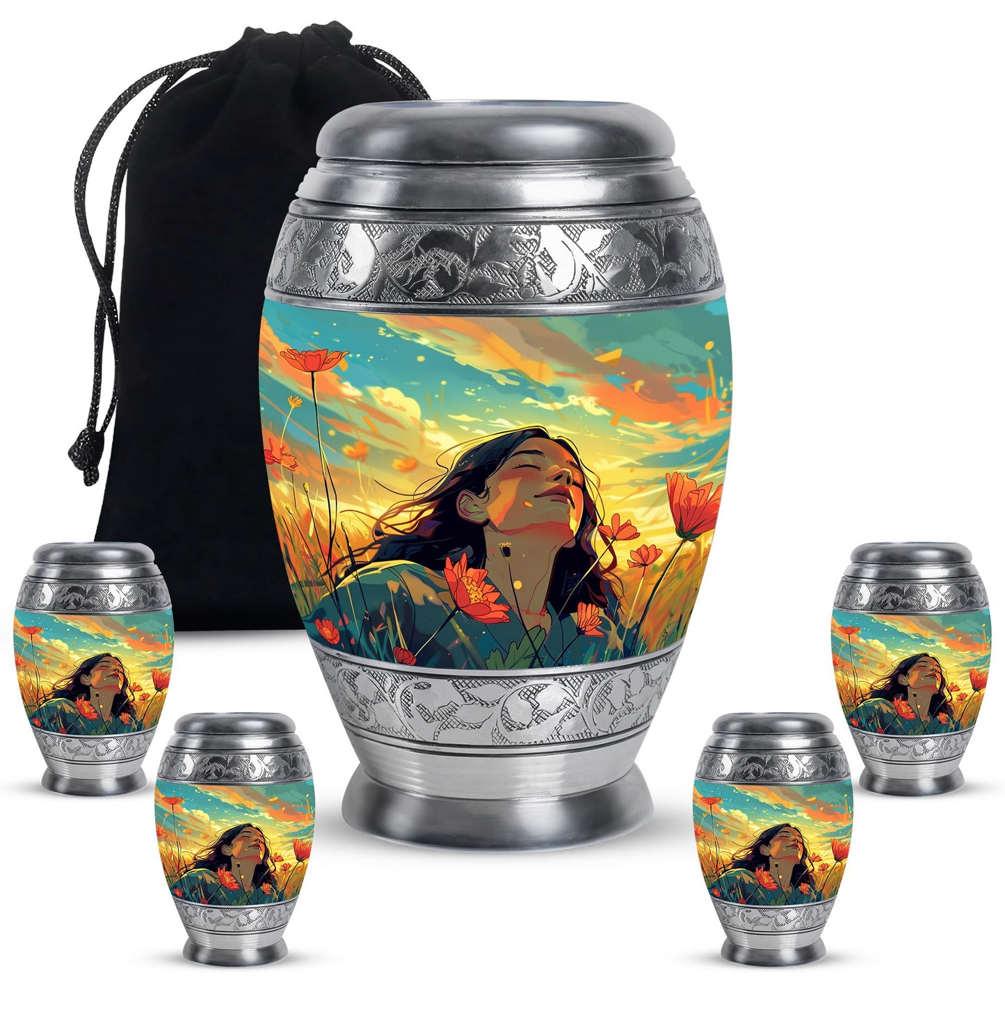 Flower Theme Large Urn With 4 Keepsake Urn