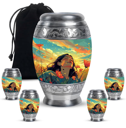 Flower Theme Large Urn With 4 Keepsake Urn