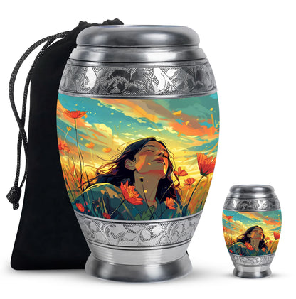 Flower Theme Large Urn With 1 Keepsake Urn