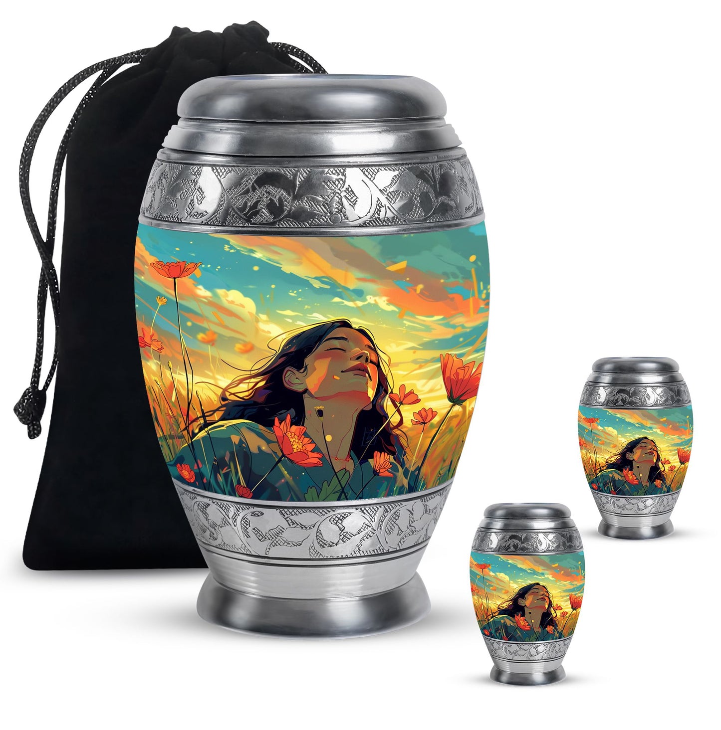 Flower Theme Large Urn With 2 Keepsake Urn