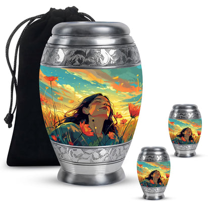 Flower Theme Large Urn With 2 Keepsake Urn