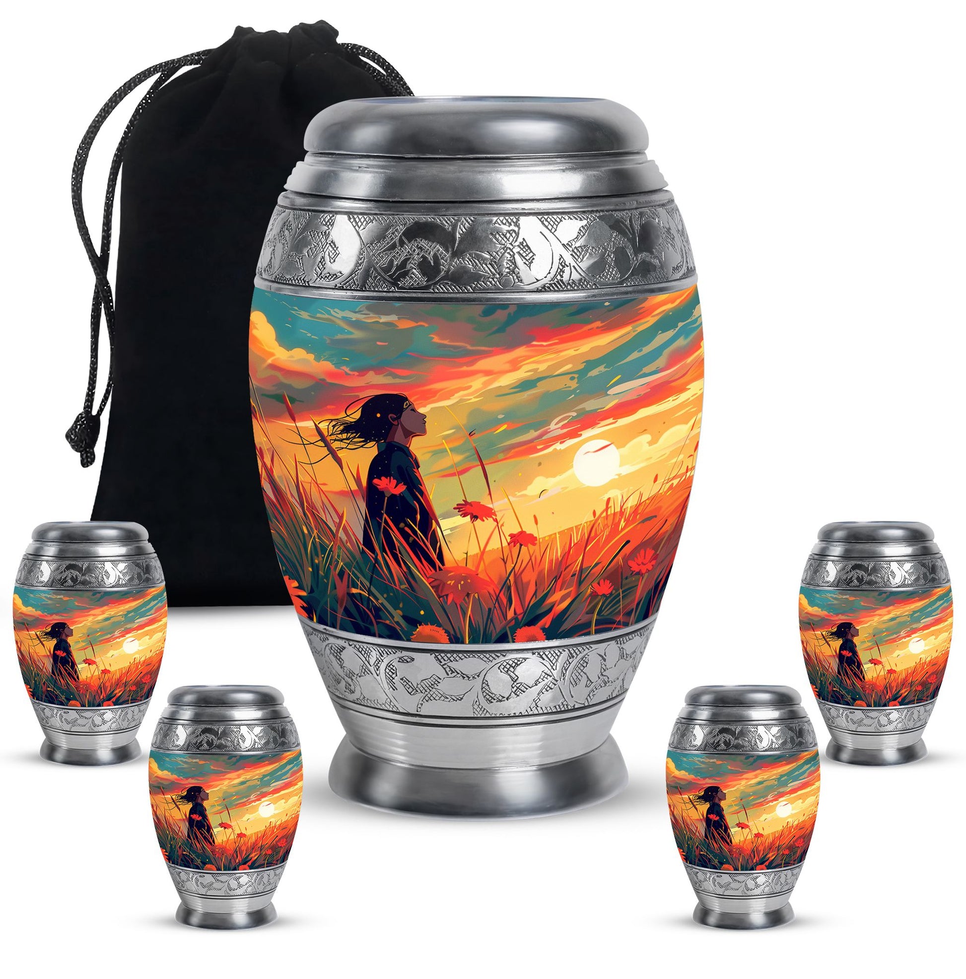 Flower Theme Large Urn With 4 Keepsake Urn