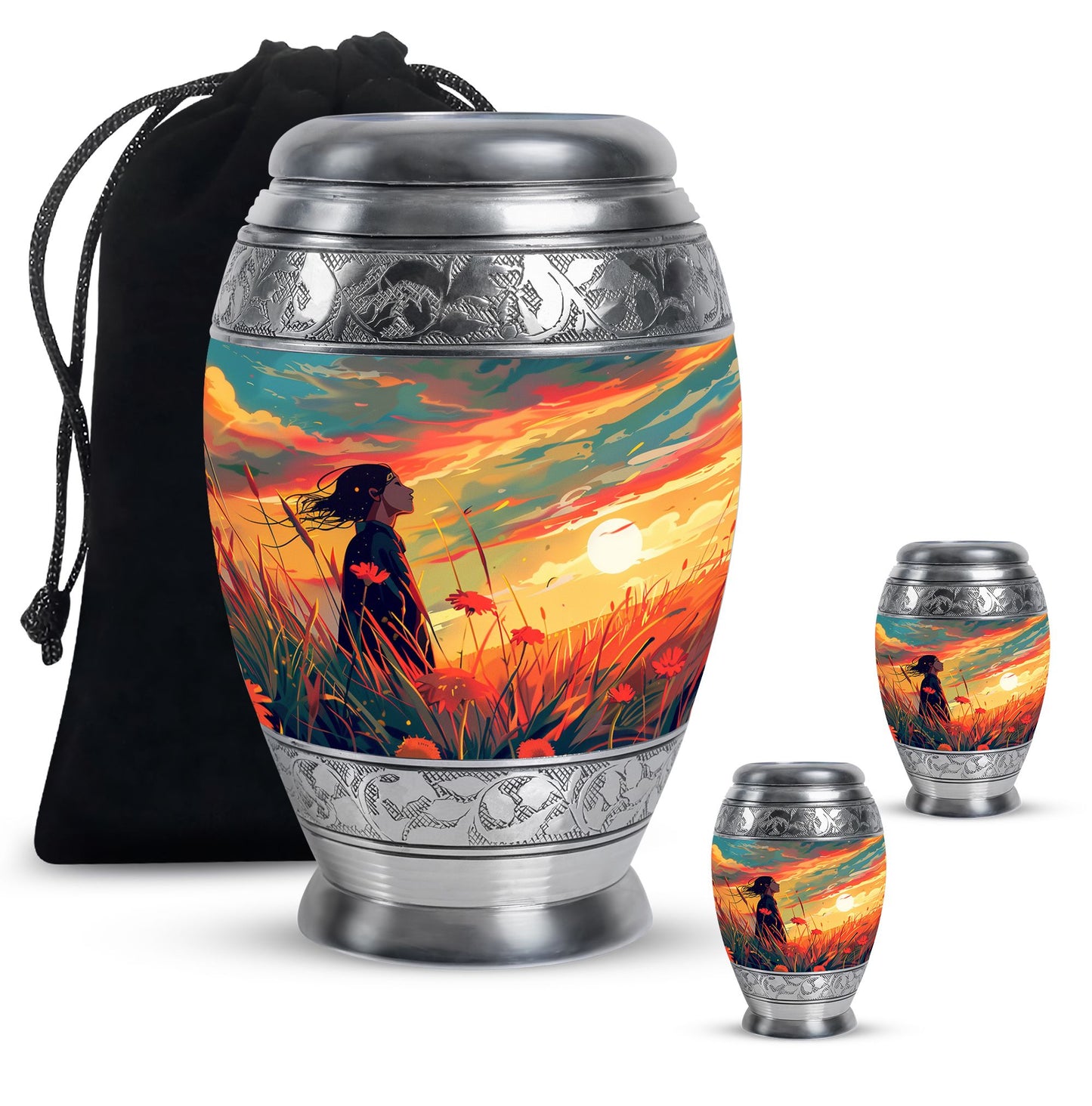 Flower Theme Large Urn With 2 Keepsake Urn