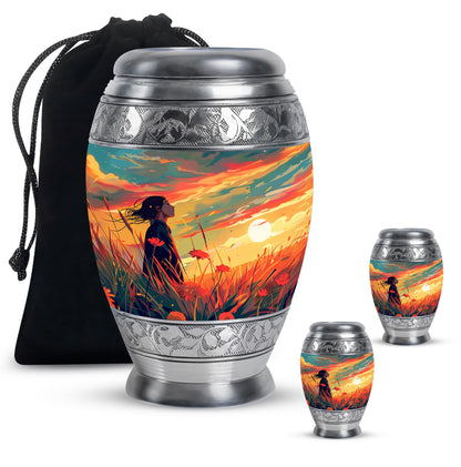 Flower Theme Large Urn With 2 Keepsake Urn