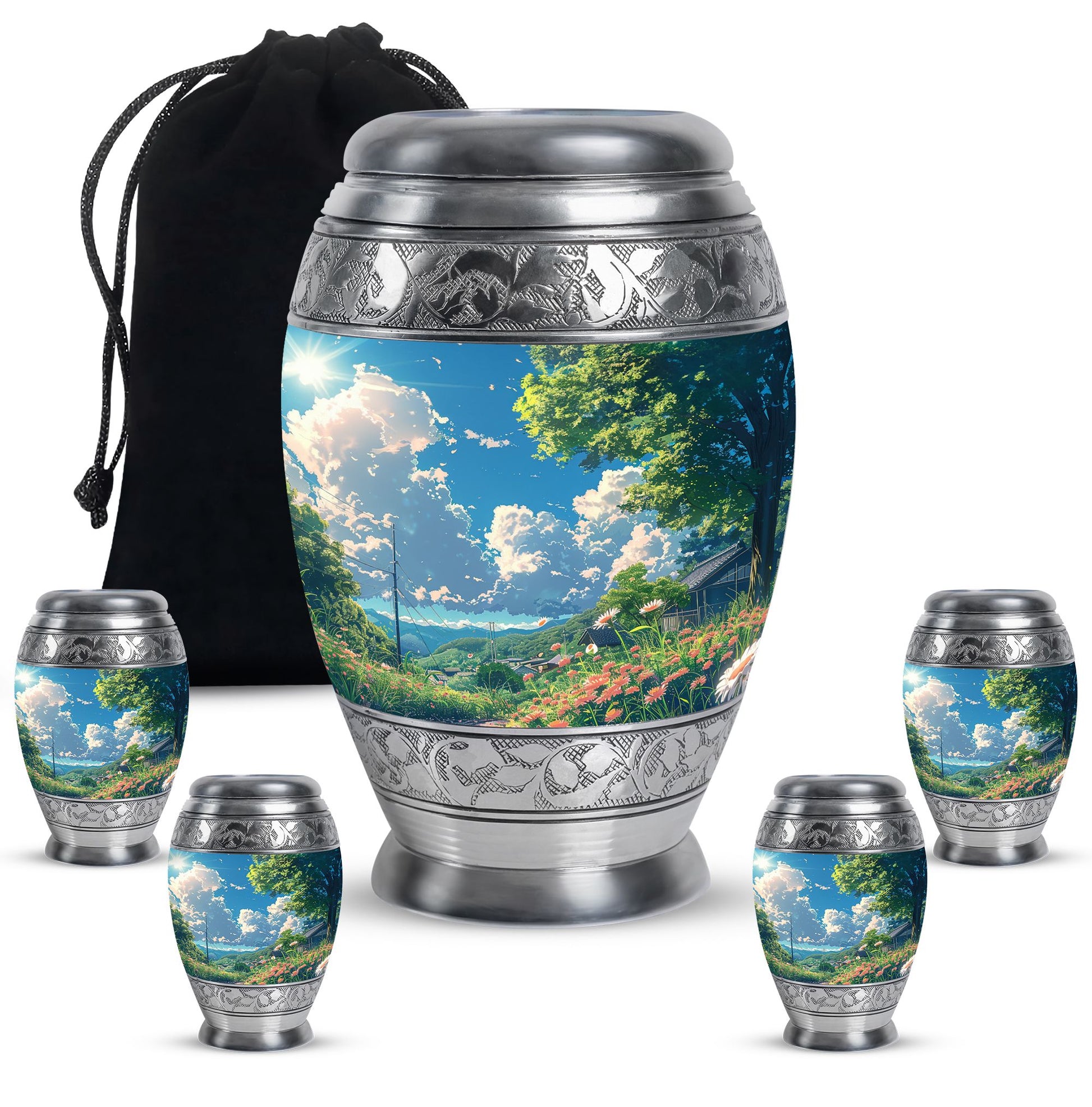 Flower Theme Large Urn With 4 Keepsake Urn