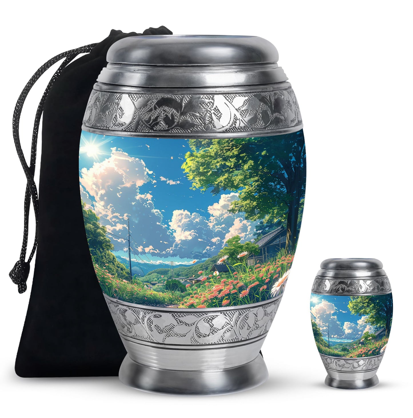 Flower Theme Large Urn With 1 Keepsake Urn
