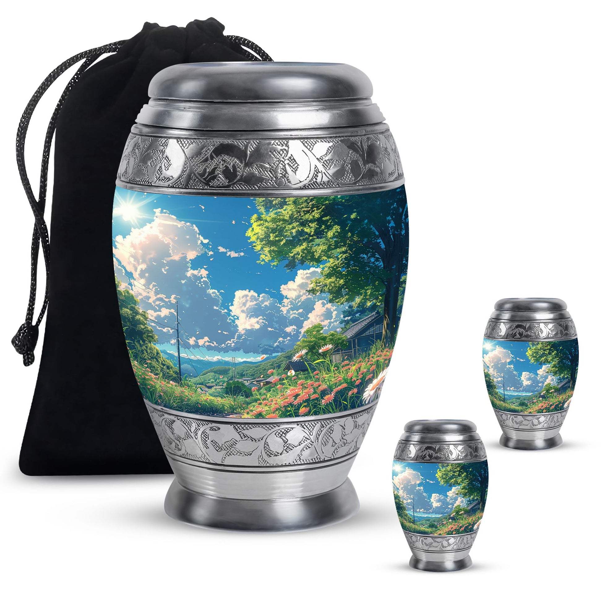 Flower Theme Large Urn With 2 Keepsake Urn