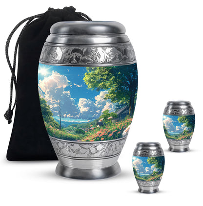 Flower Theme Large Urn With 2 Keepsake Urn