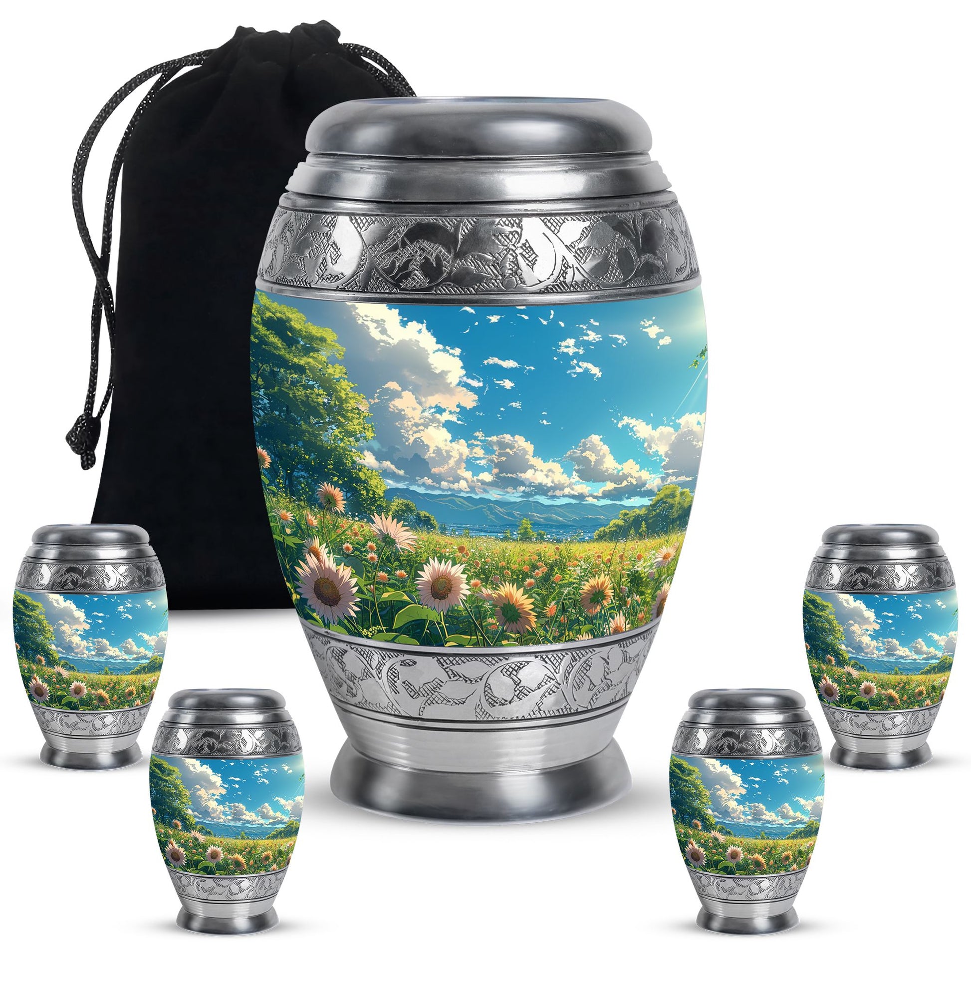 Flower Theme Large Urn With 4 Keepsake Urn