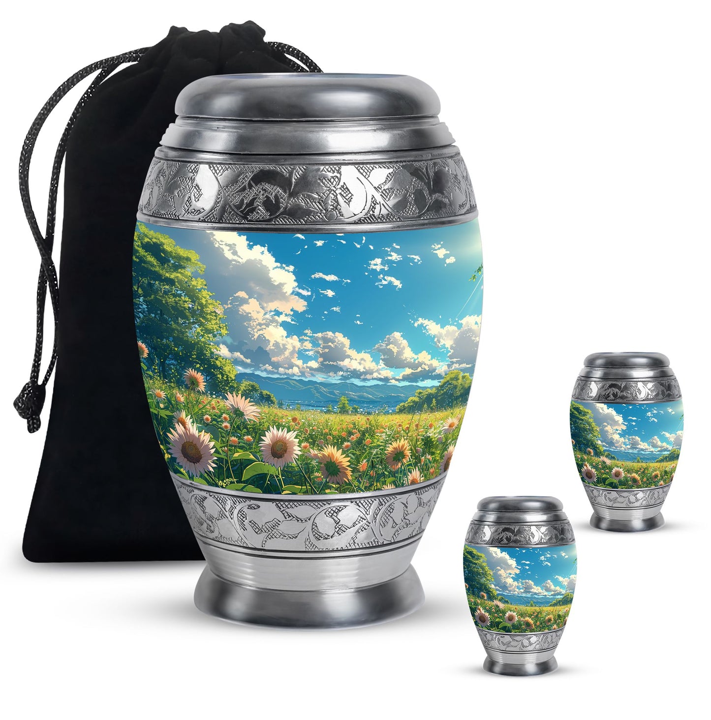 Flower Theme Large Urn With 2 Keepsake Urn