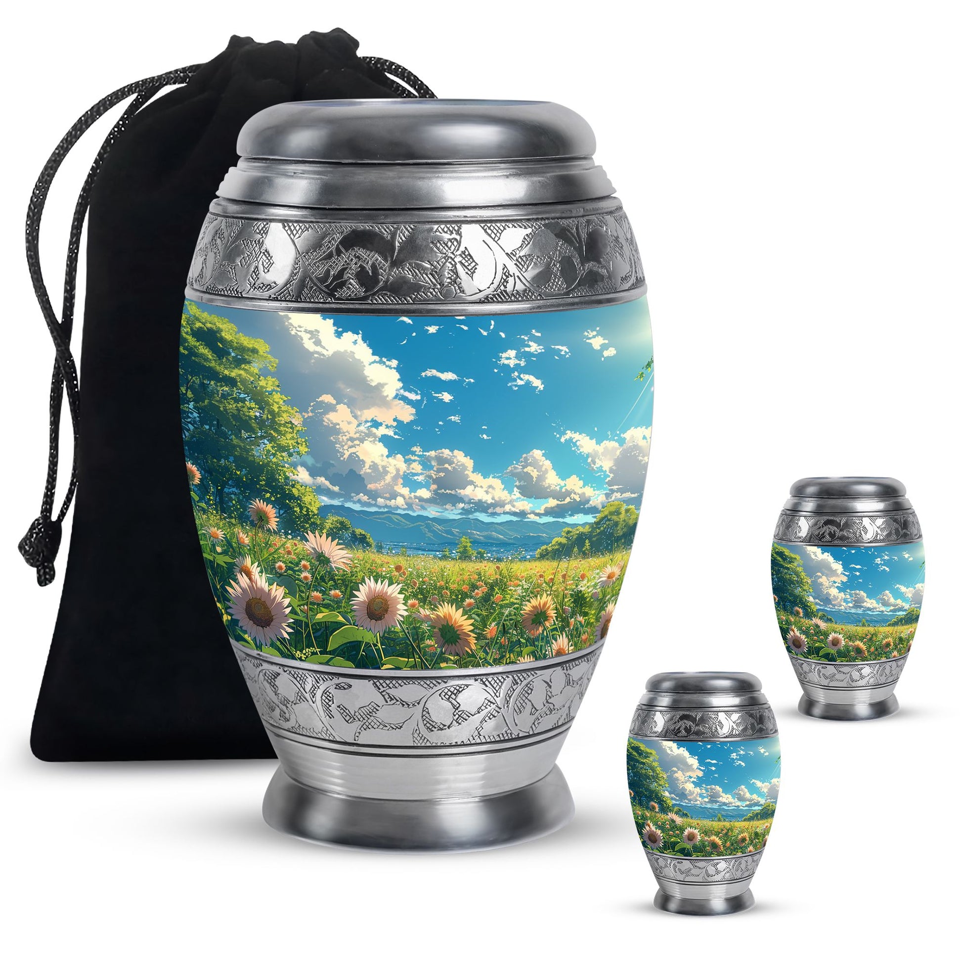 Flower Theme Large Urn With 2 Keepsake Urn