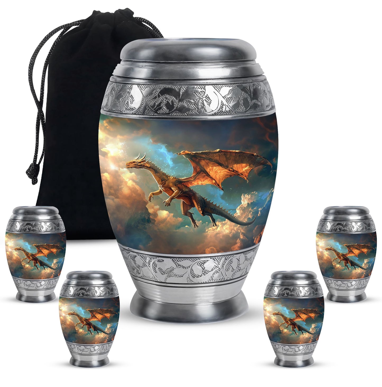 Dragon Theme Large Urn With 4 Keepsake Urn