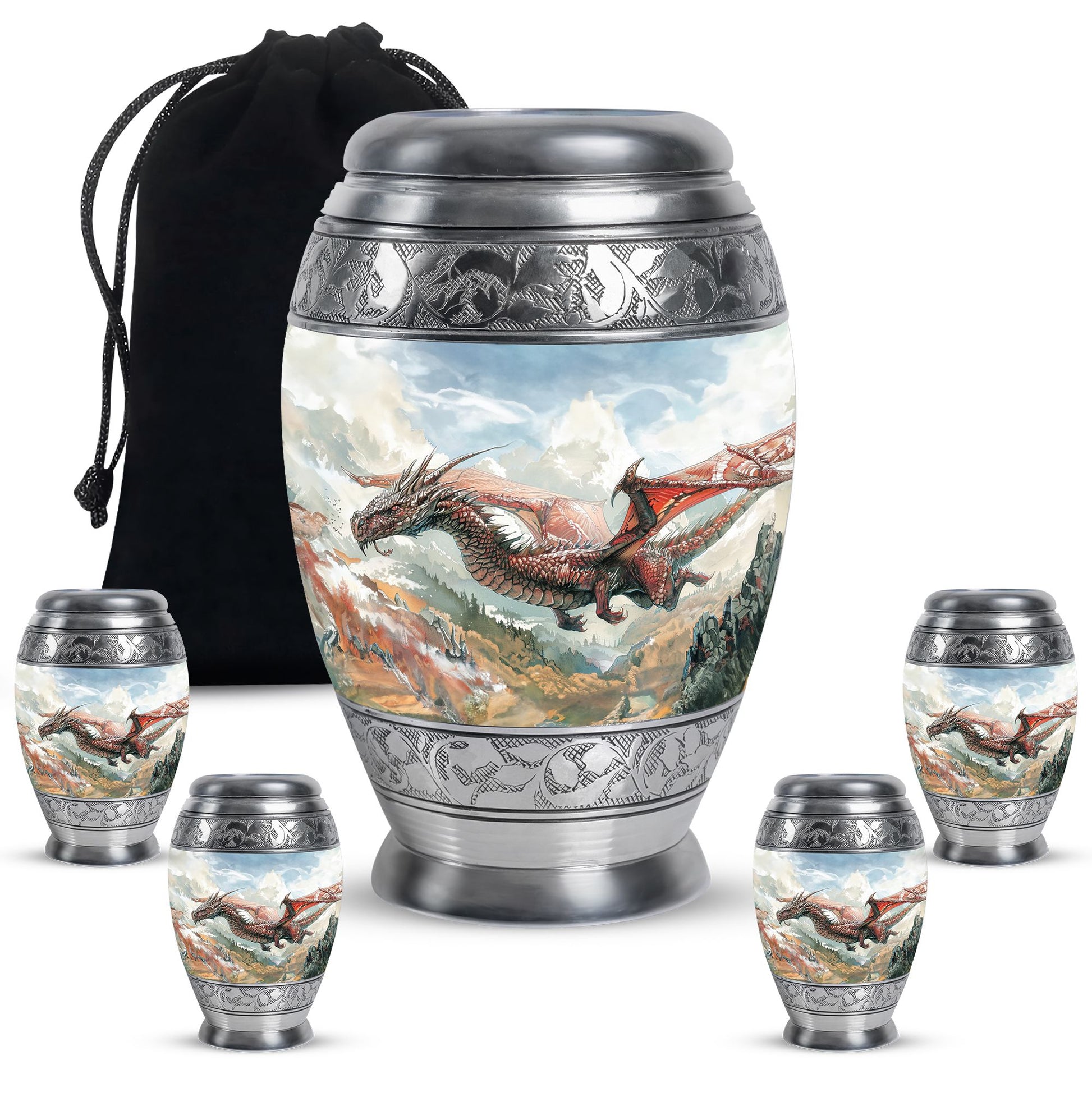 Dragon Theme Large Urn With 4 Keepsake Urn