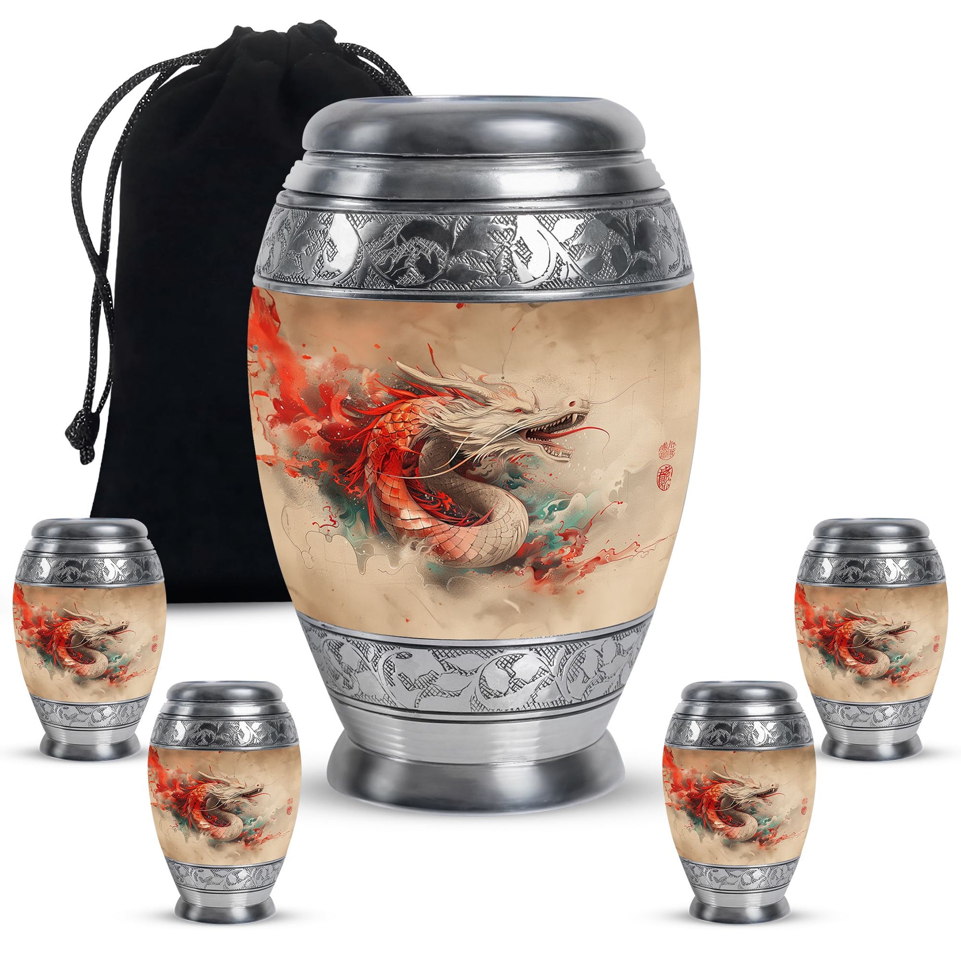 Dragon Theme Large Urn With 4 Keepsake Urn