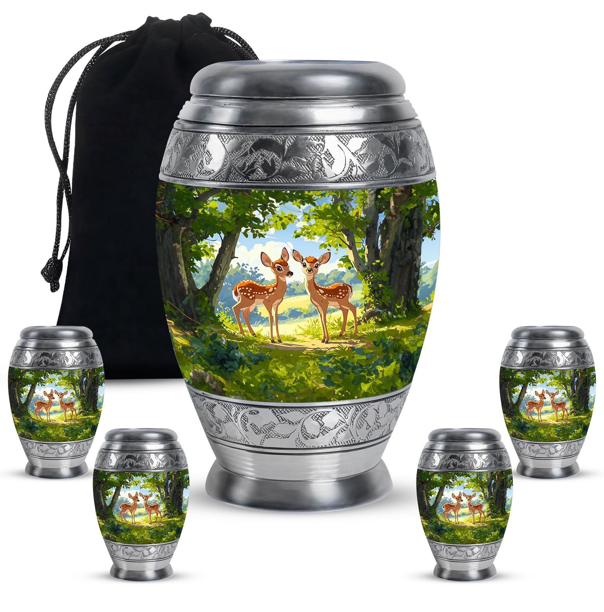 Deer Theme Large Urn With 4 Keepsake Urn
