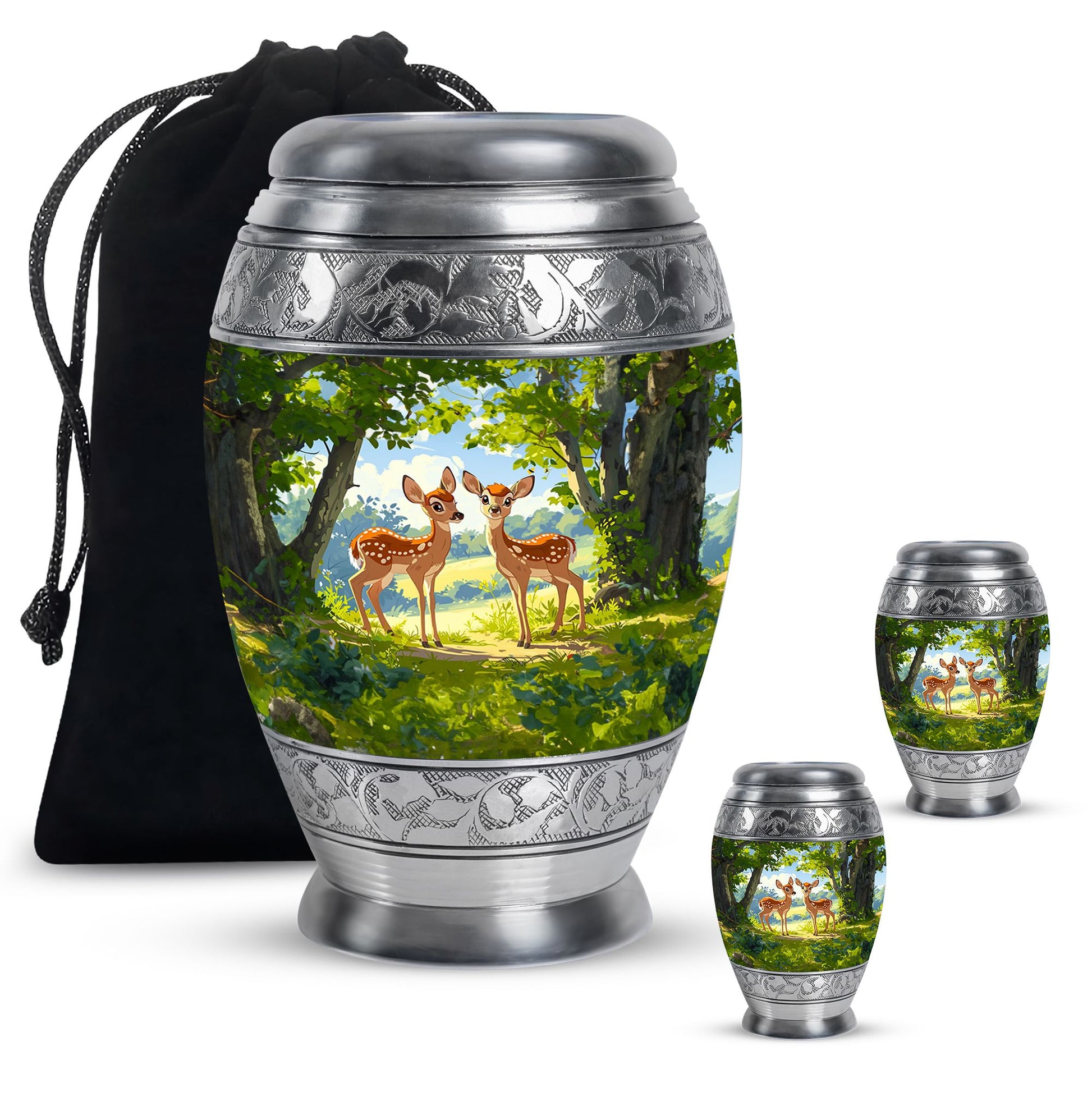 Deer Theme Large Urn With 2 Keepsake Urn