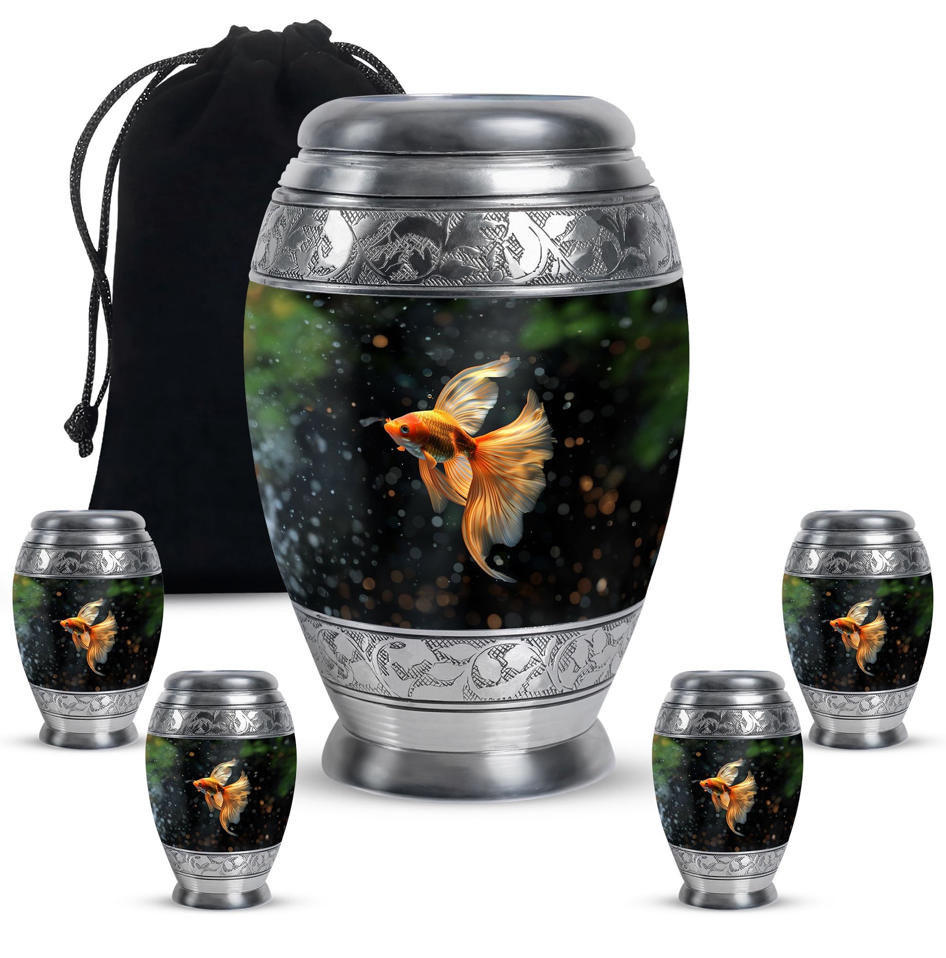 Fish Theme Large Urn With 4 Keepsake Urn