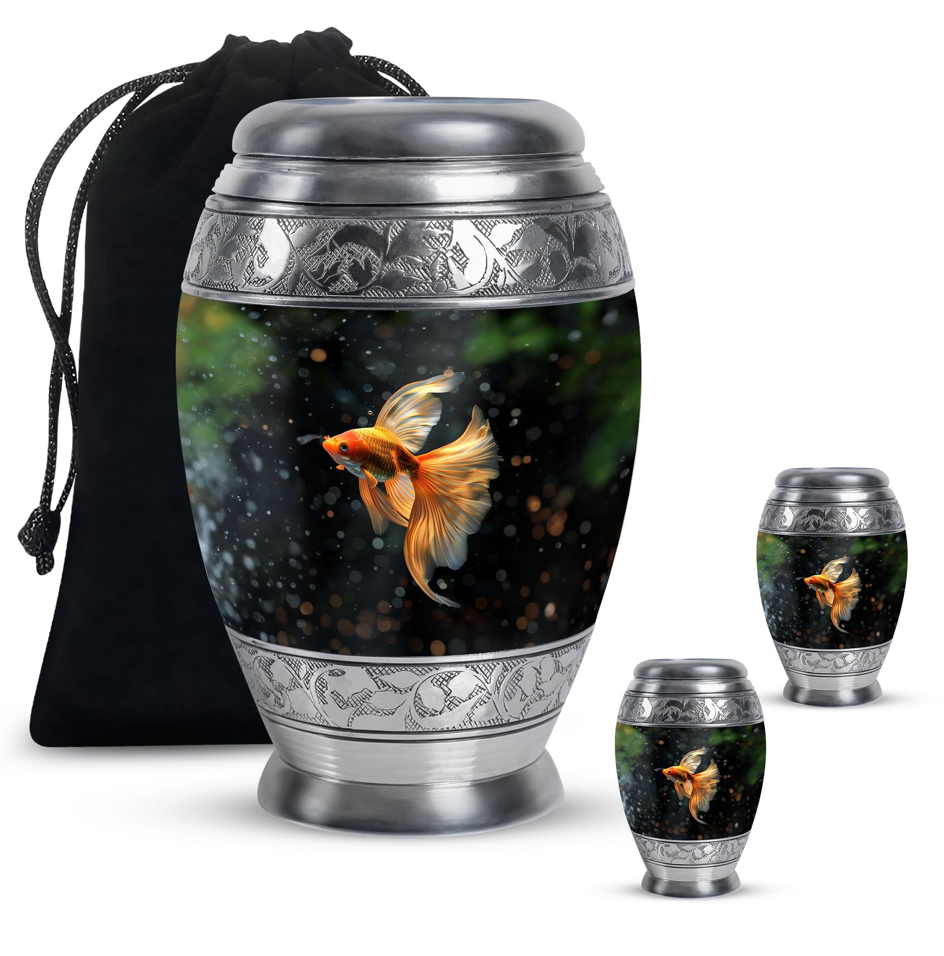 Fish Theme Large Urn With 2 Keepsake Urn