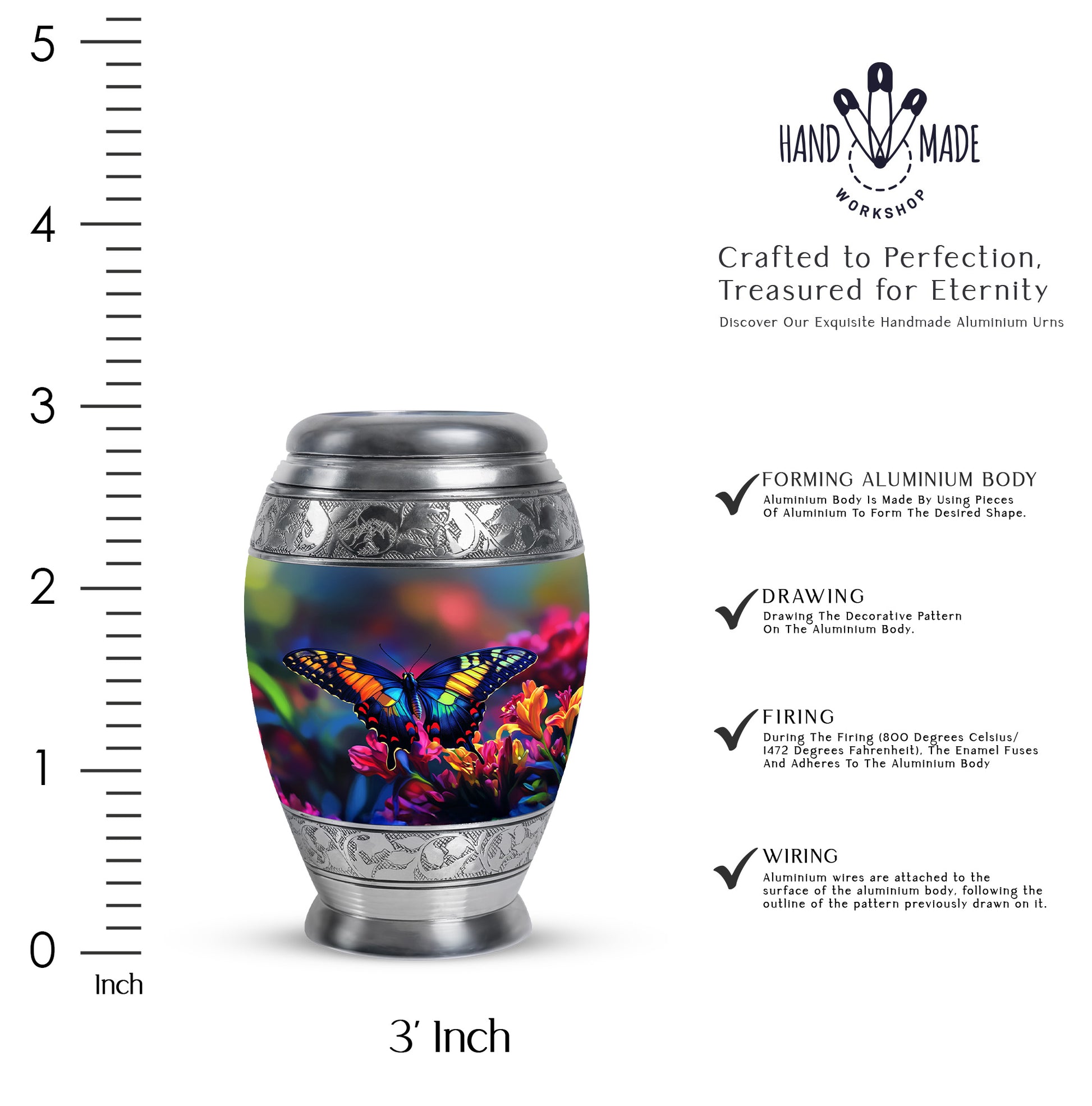Dusty Blue Butterfly Cremation Urn lifestyle display on memorial shelf - ornate monarch-style butterfly relief on brushed aluminum - mini keepsake memorial for portion of cremation ashes