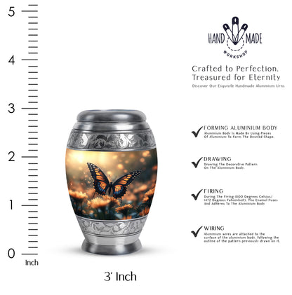 Champagne Gold Butterfly Cremation Urn lifestyle display on memorial shelf - regal butterfly design with crown-inspired accents - mini keepsake memorial for portion of cremation ashes