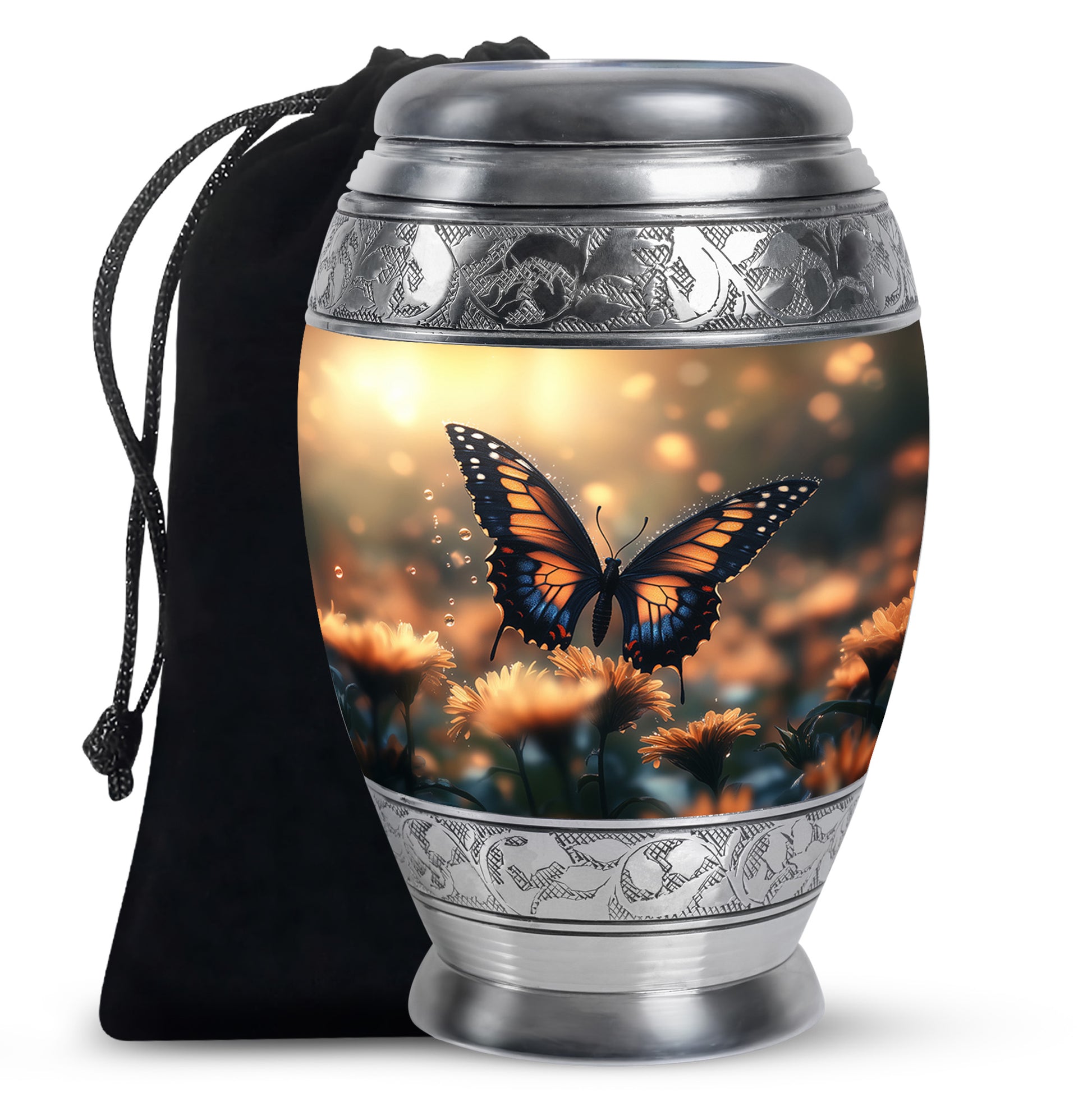 Champagne Gold Butterfly Cremation Urn back view with polished surface - regal butterfly design with crown-inspired accents - full-size 10 inch 200 cubic inch adult cremation urn