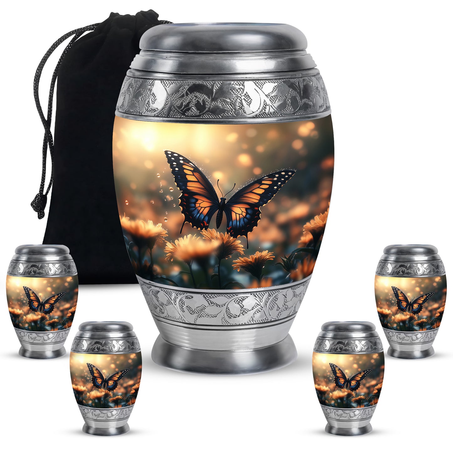 Amber Gold Butterfly Cremation Urn detail view - regal butterfly design with crown-inspired accents - memorial set with one large and four small urns