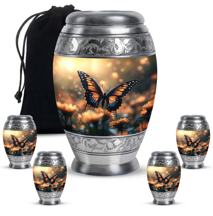 Amber Gold Butterfly Cremation Urn detail view - regal butterfly design with crown-inspired accents - memorial set with one large and four small urns
