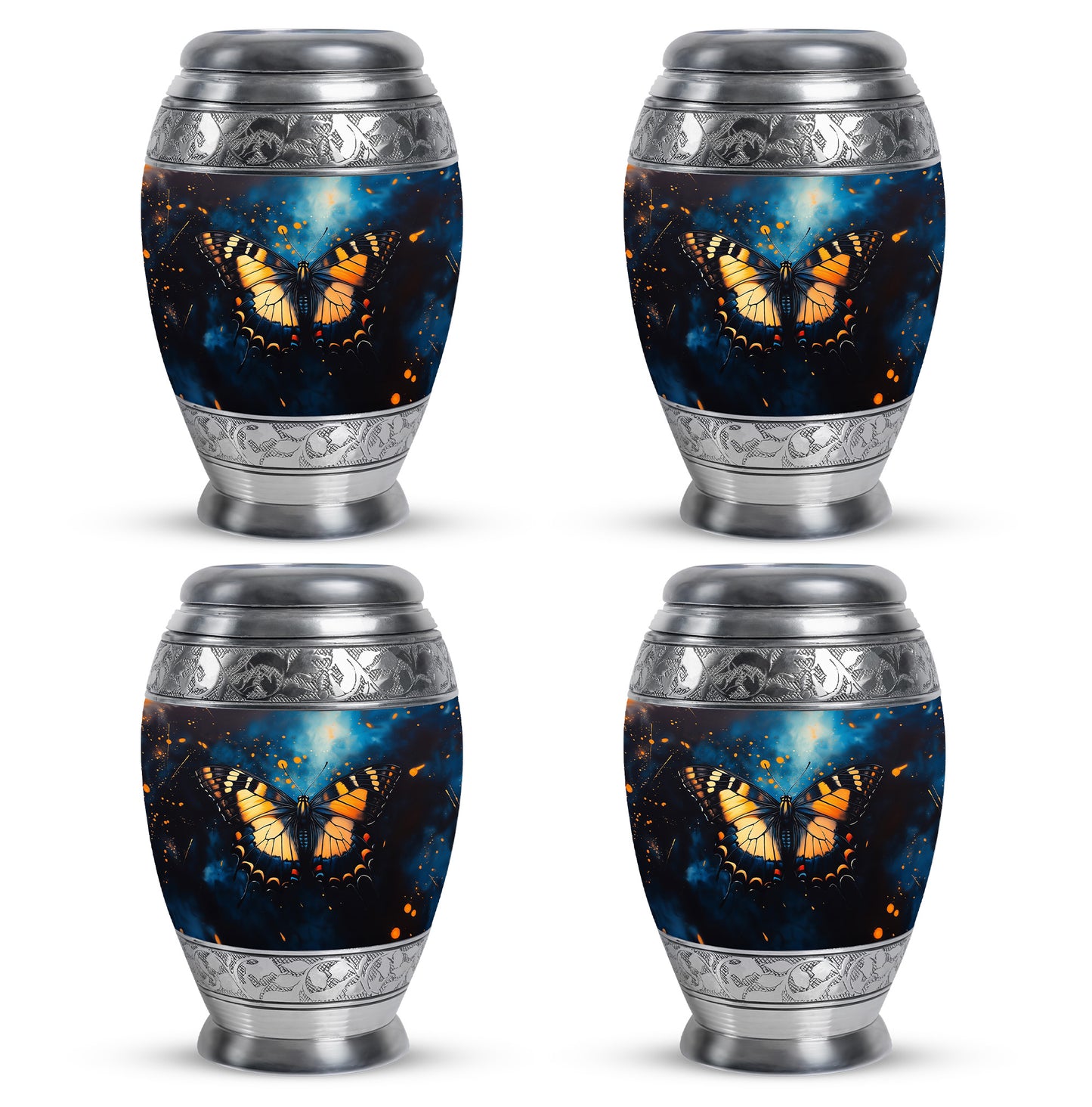 Serene Blue Butterfly Cremation Urn urn with complimentary velvet bag - majestic butterfly pattern with filigree border - 10 inch aluminum urn for cremated remains