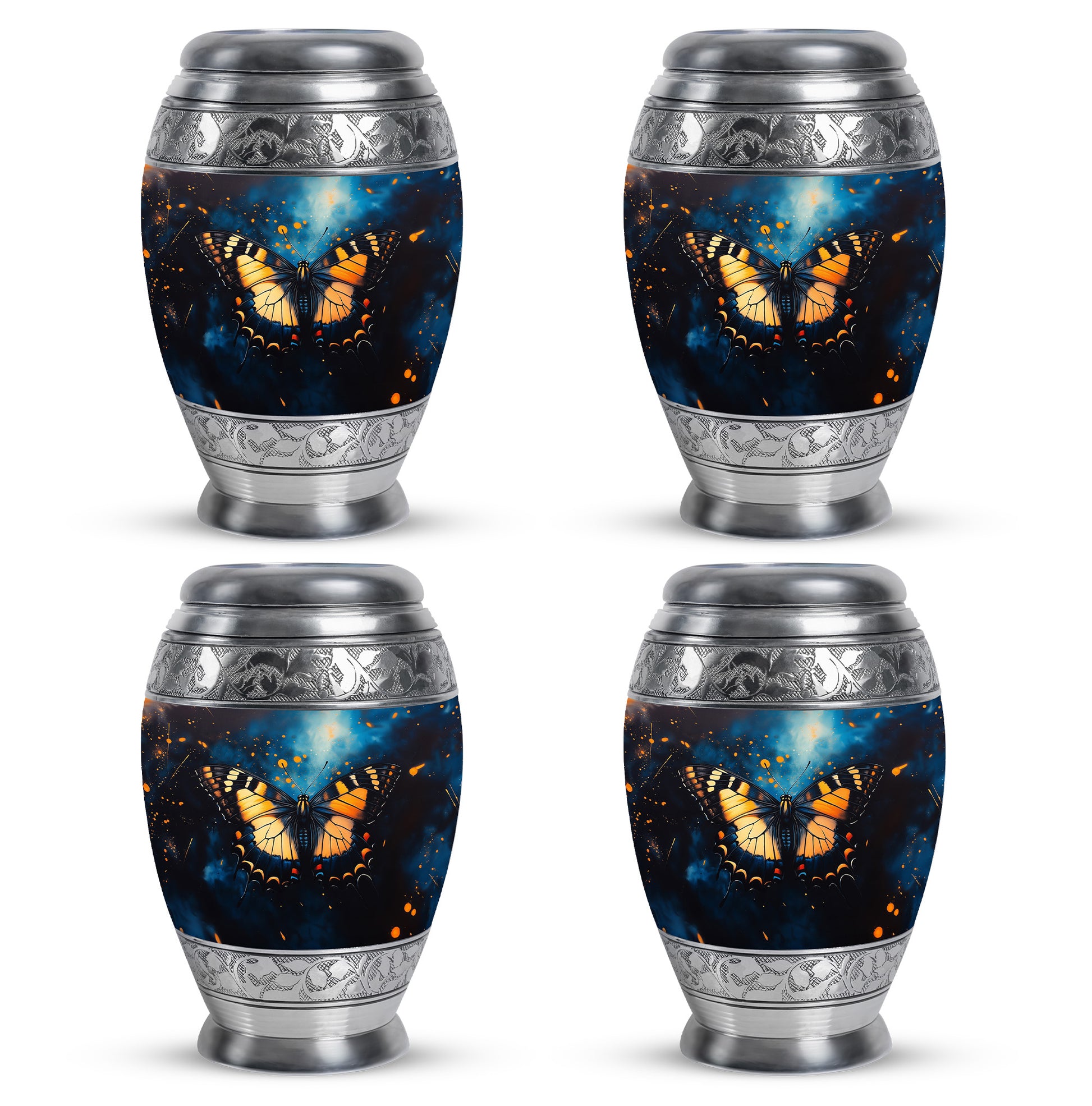 Serene Blue Butterfly Cremation Urn urn with complimentary velvet bag - majestic butterfly pattern with filigree border - 10 inch aluminum urn for cremated remains