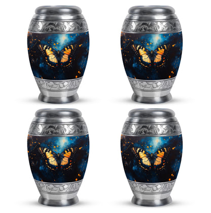 Serene Blue Butterfly Cremation Urn urn with complimentary velvet bag - majestic butterfly pattern with filigree border - 10 inch aluminum urn for cremated remains