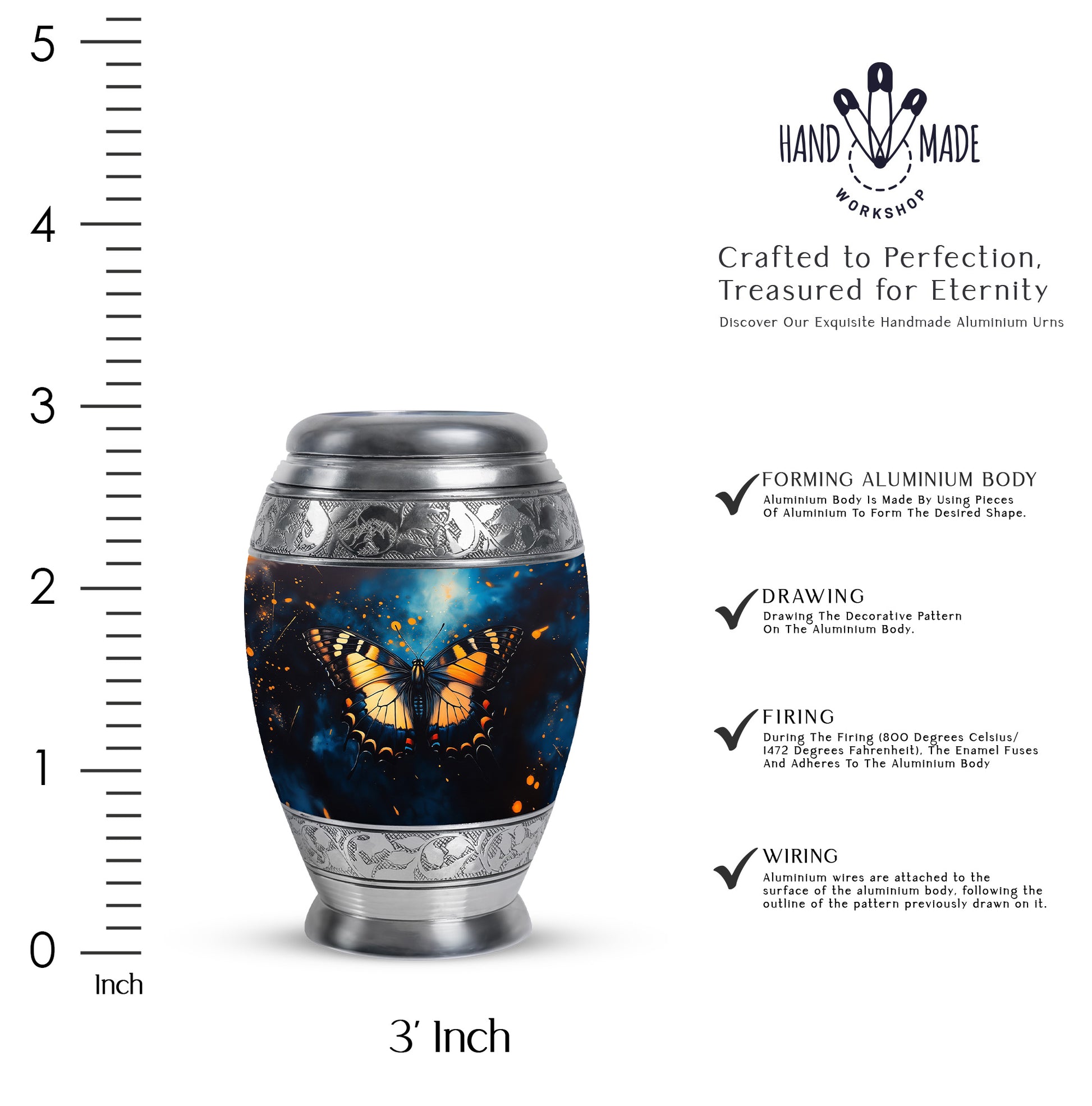 Slate Blue Butterfly Cremation Urn lifestyle display on memorial shelf - regal butterfly design with crown-inspired accents - mini keepsake memorial for portion of cremation ashes