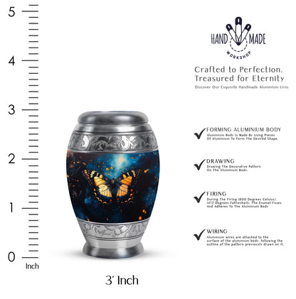 Slate Blue Butterfly Cremation Urn lifestyle display on memorial shelf - regal butterfly design with crown-inspired accents - mini keepsake memorial for portion of cremation ashes
