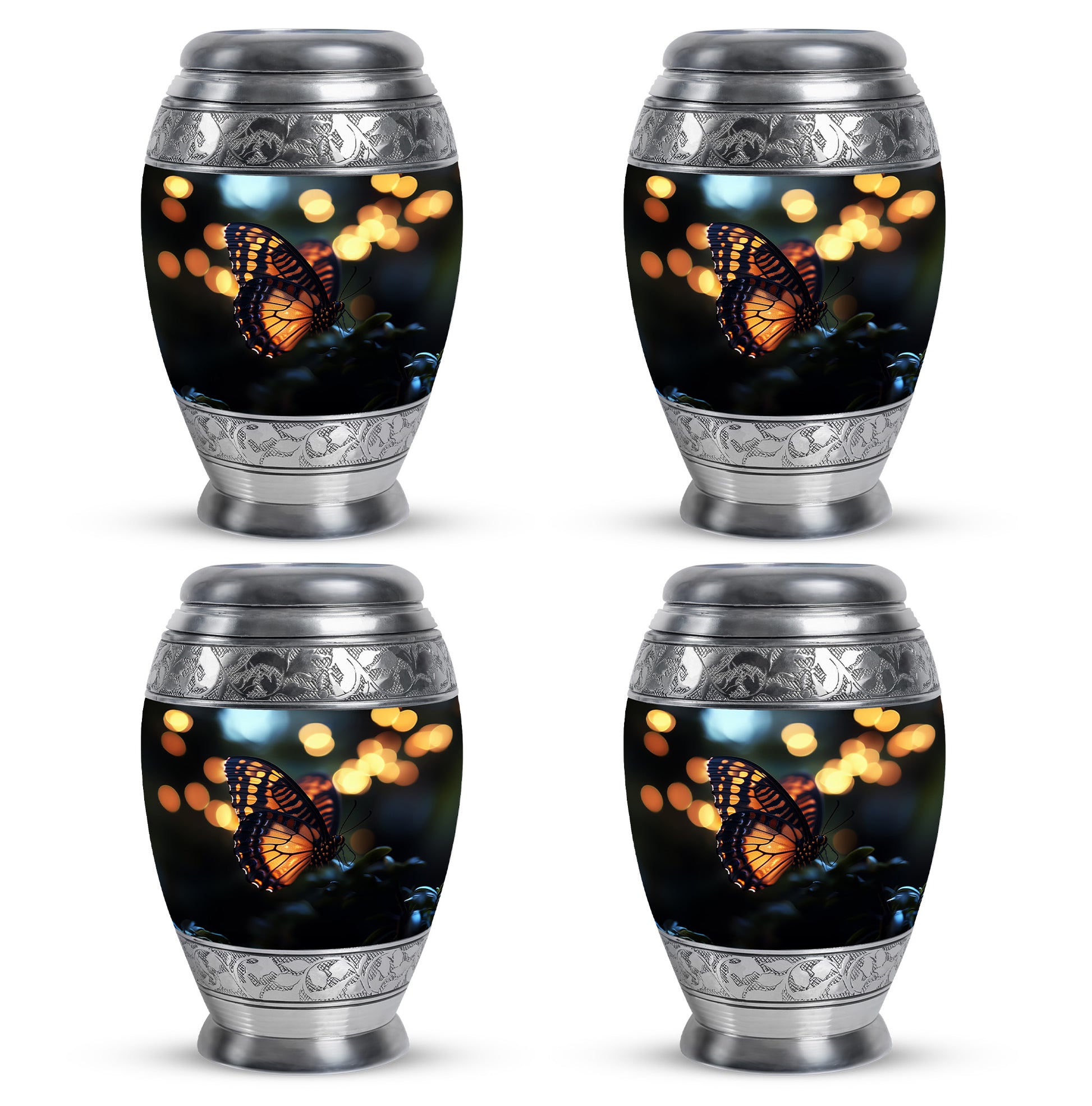 Glossy Black Butterfly Cremation Urn urn with complimentary velvet bag - regal butterfly design with crown-inspired accents - 10 inch aluminum urn for cremated remains