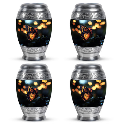 Glossy Black Butterfly Cremation Urn urn with complimentary velvet bag - regal butterfly design with crown-inspired accents - 10 inch aluminum urn for cremated remains