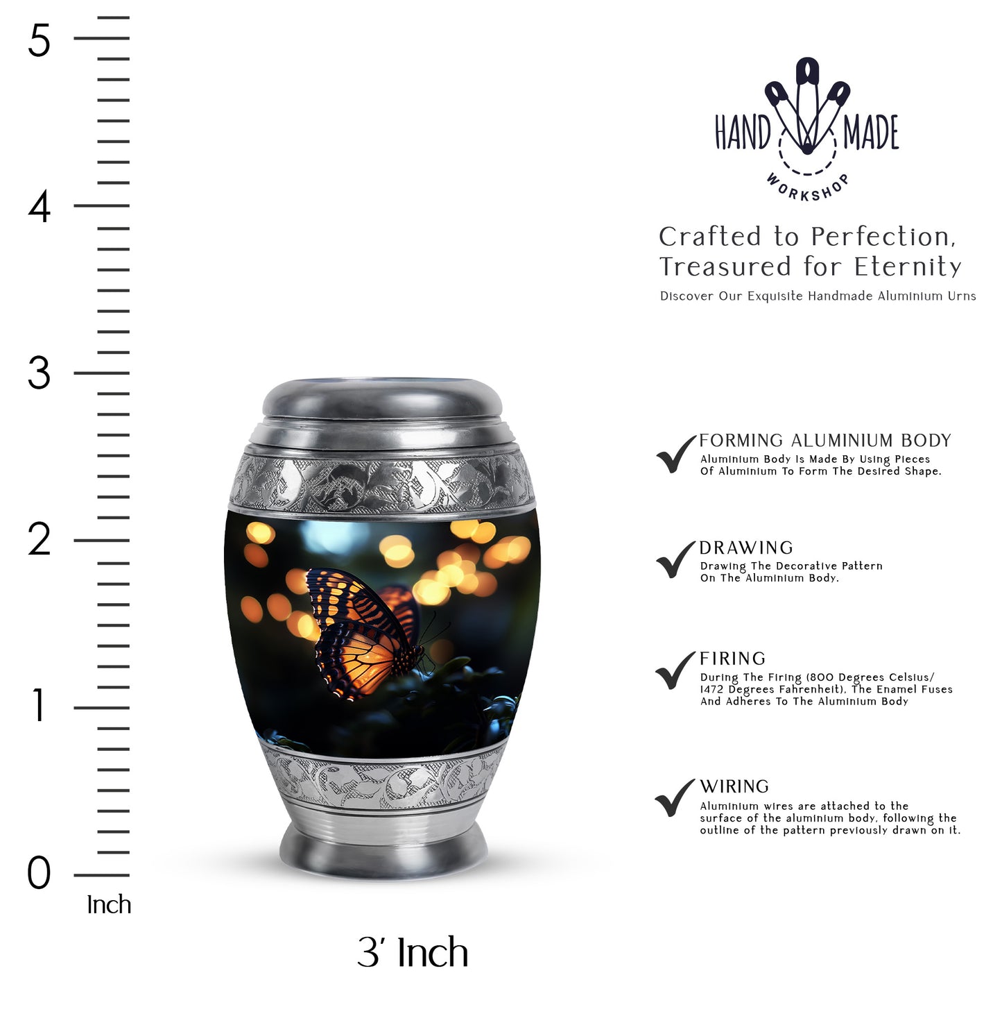 Midnight Black Butterfly Cremation Urn lifestyle display on memorial shelf - royal butterfly engraving with decorative scrollwork - mini keepsake memorial for portion of cremation ashes