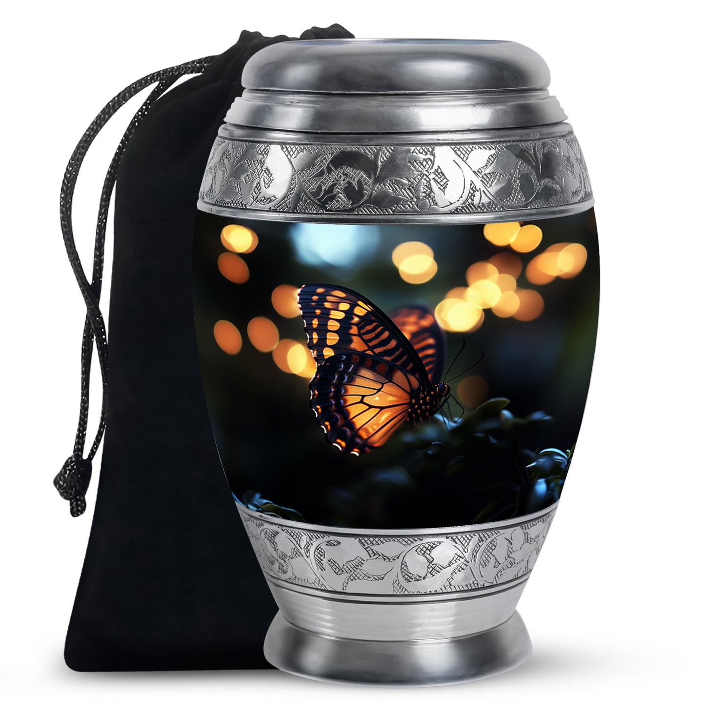 Glossy Black Butterfly Cremation Urn back view with polished surface - regal butterfly design with crown-inspired accents - full-size 10 inch 200 cubic inch adult cremation urn