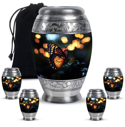 Obsidian Black Butterfly Cremation Urn detail view - majestic butterfly pattern with filigree border - memorial set with one large and four small urns