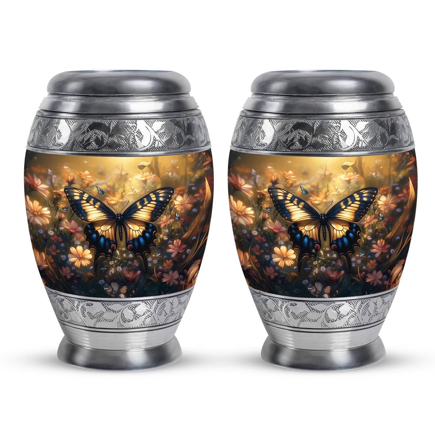 Champagne Gold Butterfly Cremation Urn urn with complimentary velvet bag - ornate monarch-style butterfly relief on brushed aluminum - 10 inch aluminum urn for cremated remains