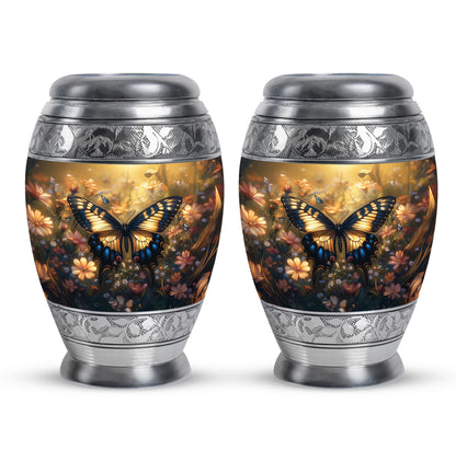 Champagne Gold Butterfly Cremation Urn urn with complimentary velvet bag - ornate monarch-style butterfly relief on brushed aluminum - 10 inch aluminum urn for cremated remains