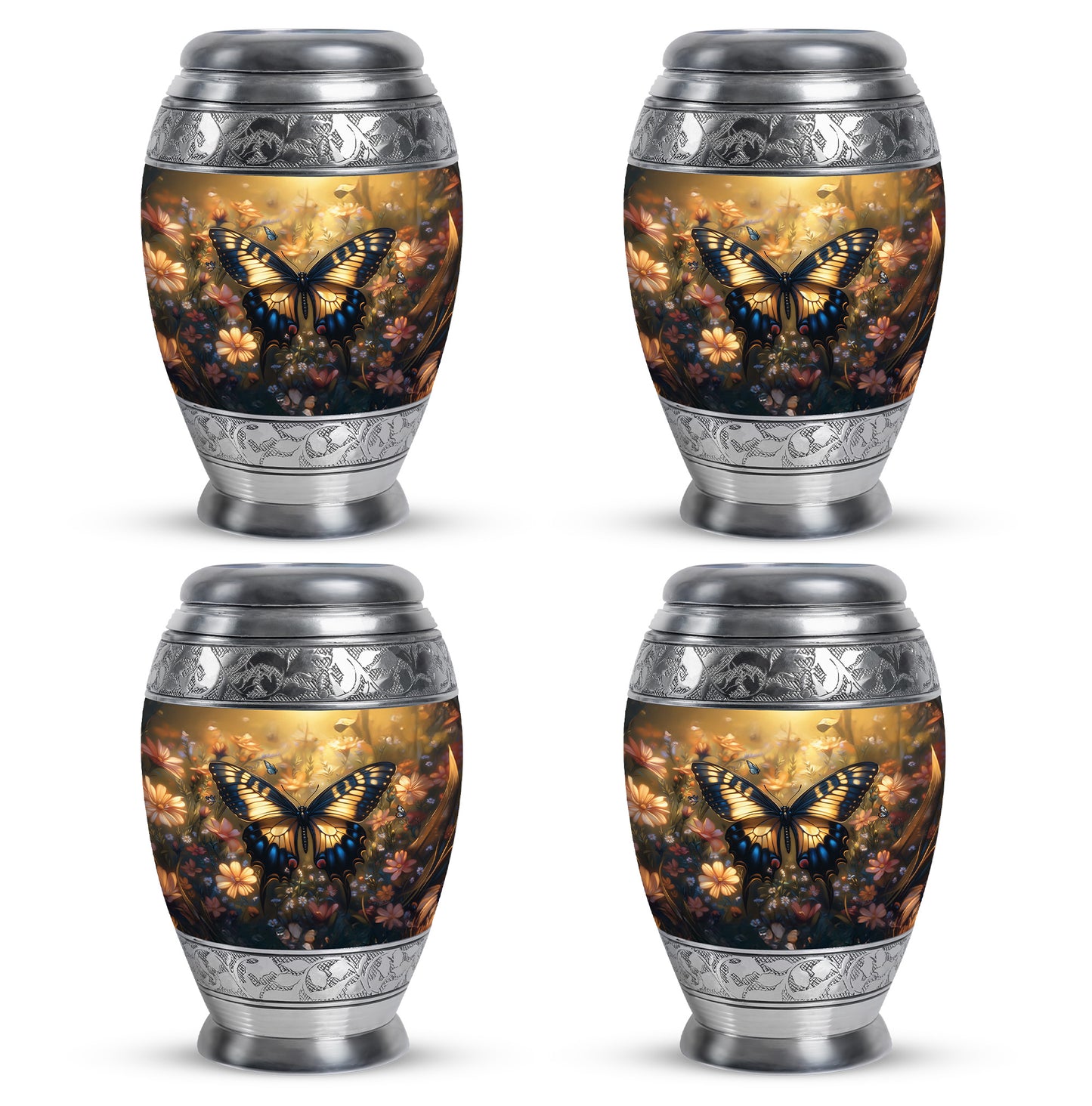 Harvest Gold Butterfly Cremation Urn lifestyle display on memorial shelf - majestic butterfly pattern with filigree border - mini keepsake memorial for portion of cremation ashes