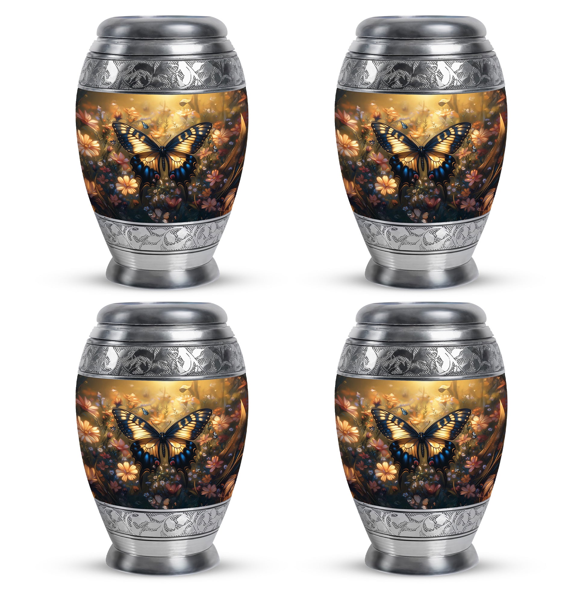 Harvest Gold Butterfly Cremation Urn lifestyle display on memorial shelf - majestic butterfly pattern with filigree border - mini keepsake memorial for portion of cremation ashes